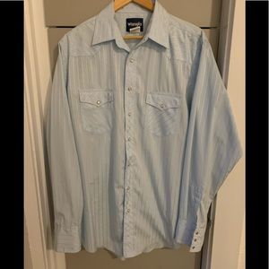 Wrangler Pearl Snaps Buttons Blue Long Sleeve men’s Shirt EUC Size LT